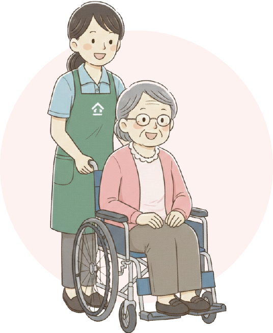 介護スタッフと車椅子の女性イラスト